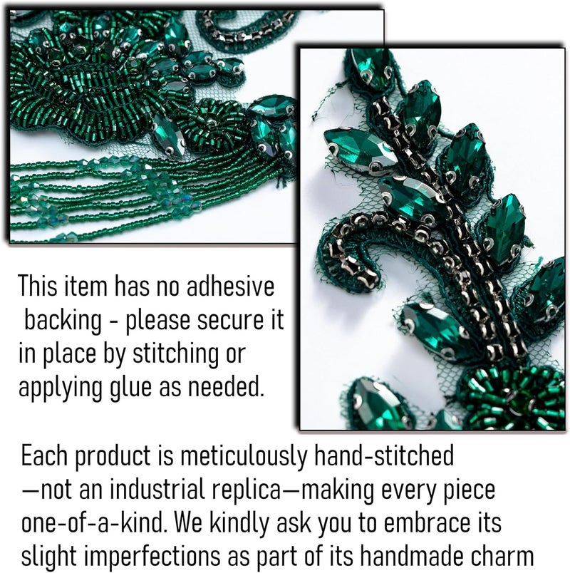 amusediy Green Pair Beaded Rhinestones Applique Embellishment for Clothes,Epaulettes Shoulder Patches Sew-on Diamond Sequin Applique for Wedding Dress DIY Accessories - Image 5